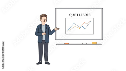Man presenting 'Quiet Leader' concept with growth chart on whiteboard