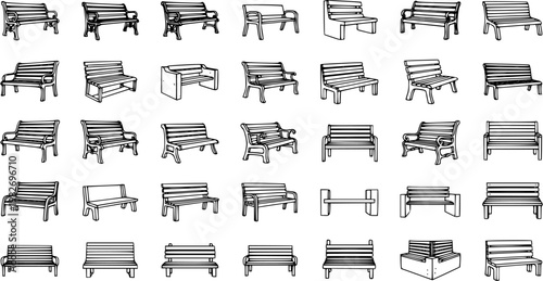 Black and White Line Art Collection of Various Park Benches and Seating
