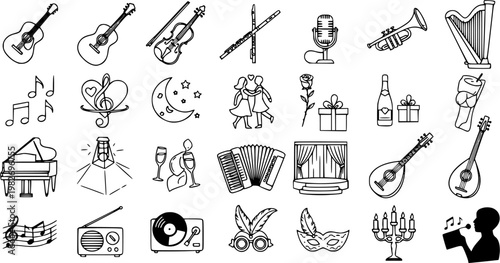 Music and Party Icons Set - Line Art Black and White Vector Graphics