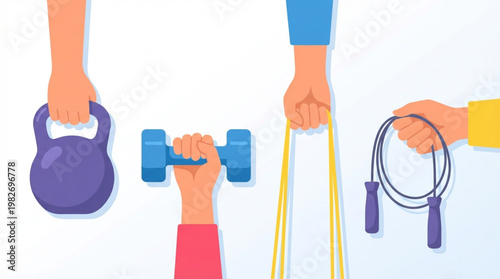 Illustration of various hands holding fitness equipment on a white background with a minimalist style