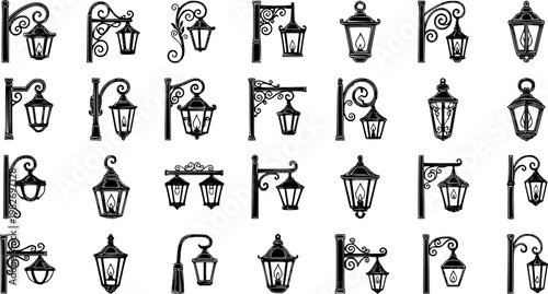 Black and White Vector Set of Vintage Street Lanterns, Lamp Posts, Ornate Luminares