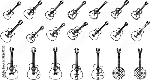 Black and White Line Art Icons of Various Guitars and String Instruments