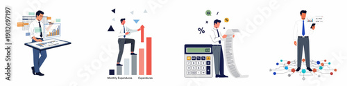 Set of illustrations depicting a businessman managing financial data, expenditures, accounting tasks, and analyzing business performance metrics like burn rate and growth charts.