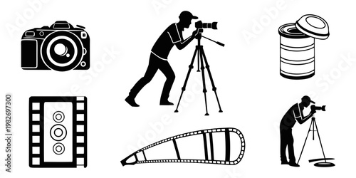Black and white vector icons of photographers capturing images with cameras on tripods and film elements icon set white background photography photographer minimalist professional