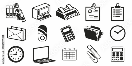Business office icons collection including electronics stationery and administrative tools with business stationery computer calculator calendar envelope workspace administrative
