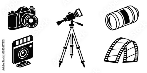 Set of black silhouette icons featuring photography videography observation equipment including a camera lens tripod telescope monitor film strip graphic element film reel photography