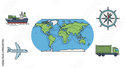 Global Shipping and Logistics Icons: World Map, Ship, Plane, Truck, Compass