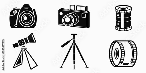 Black and white line art vector icons of various photography cameras lenses tripods film accessories with icon set white background photography minimalist professional equipment canister