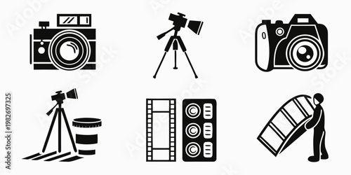 Black and white line art vector icons of classic and modern photography equipment and film elements with icon set white background photography minimalist professional equipment canister