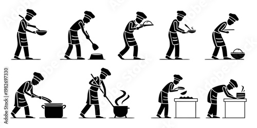 Set of professional chef silhouettes engaged in various kitchen activities including stirring frying plating and tasting delicious food in commercial kitchen environment with silhouette