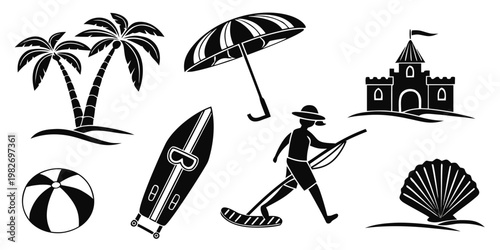 Summer beach icons including palm trees surfboard beach ball sandcastle umbrella person walking with palm tree surfboard sandcastle umbrella seashell vacation activity relaxation