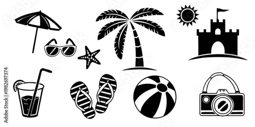 Summer beach vacation icons with palm tree flip flops beach ball white background vacation tropical umbrella sandcastle sunglasses starfish relaxation silhouette illustration