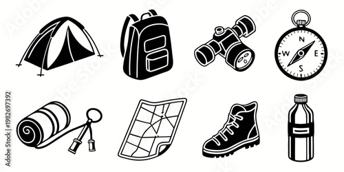 Outdoor hiking and wilderness camping gear icons set with adventure backpack trekking equipment navigation exploration survival silhouette wilderness mountain vacation activity