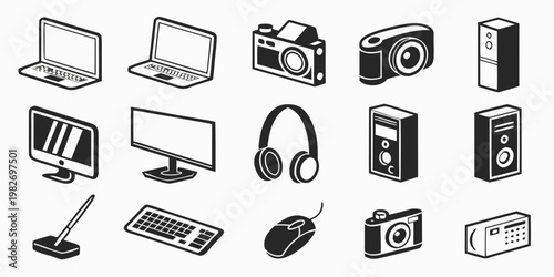 Collection of modern digital technology devices and electronic hardware icon set with technology computer headphone keyboard electronic hardware equipment collection communication