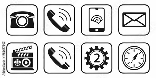 Collection of communication and media icons featuring telephones email and movie production gear communication telephone production clapperboard envelope internet technology business