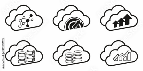 Cloud computing icons representing data growth storage with computing connection database analytics technology information internet abstract business iconography download analysis