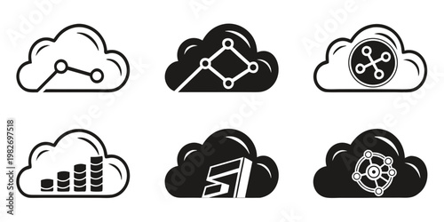 Cloud-based technology icons illustrating network connections data points system performance a focus on digital infrastructure with black and white technology connections performance