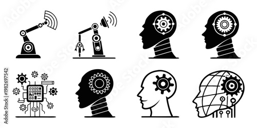 Industrial automation and AI icons set with robotic arms human machine interface concepts gears inside human brain profiles and advanced processing technology symbols for manufacturing, wireless