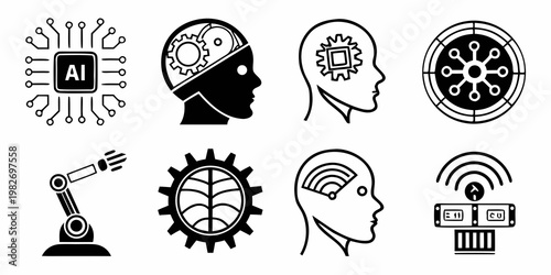 Collection of technology and artificial intelligence icons including robotic limbs neural processors and wireless communication symbols for digital innovation and automation projects