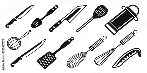 Collection of various kitchen cooking utensils and knife silhouettes for culinary art with utensils culinary cookware restaurant kitchenware household equipment appliance collection