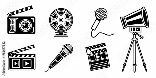 Set of cinema and broadcasting production icons featuring film reels movie cameras clapperboards microphones and lighting equipment filmmaking microphone clapperboard production lighting