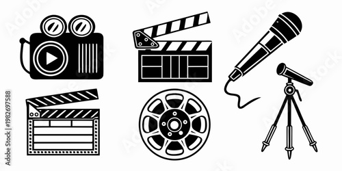 Various black and white line icons including a retro camera movie clapboards wired microphone a film reel on a white background with video camera clapboard microphone production recording