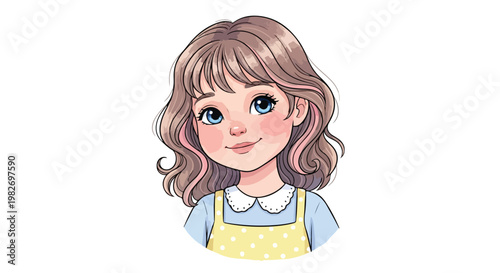 Cute anime girl avatar with wavy brown hair and blue eyes, charming little girl character illustration, sweet child portrait in cartoon style
