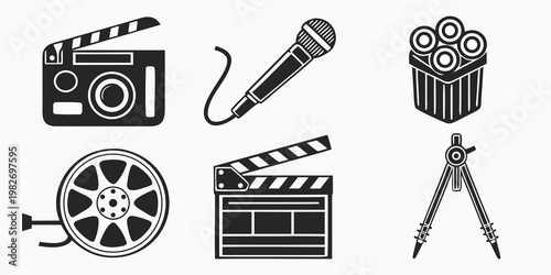 Collection of black and white line art icons depicting film production camera microphone film reels clapboard drafting compass for creative projects with microphone clapboard production