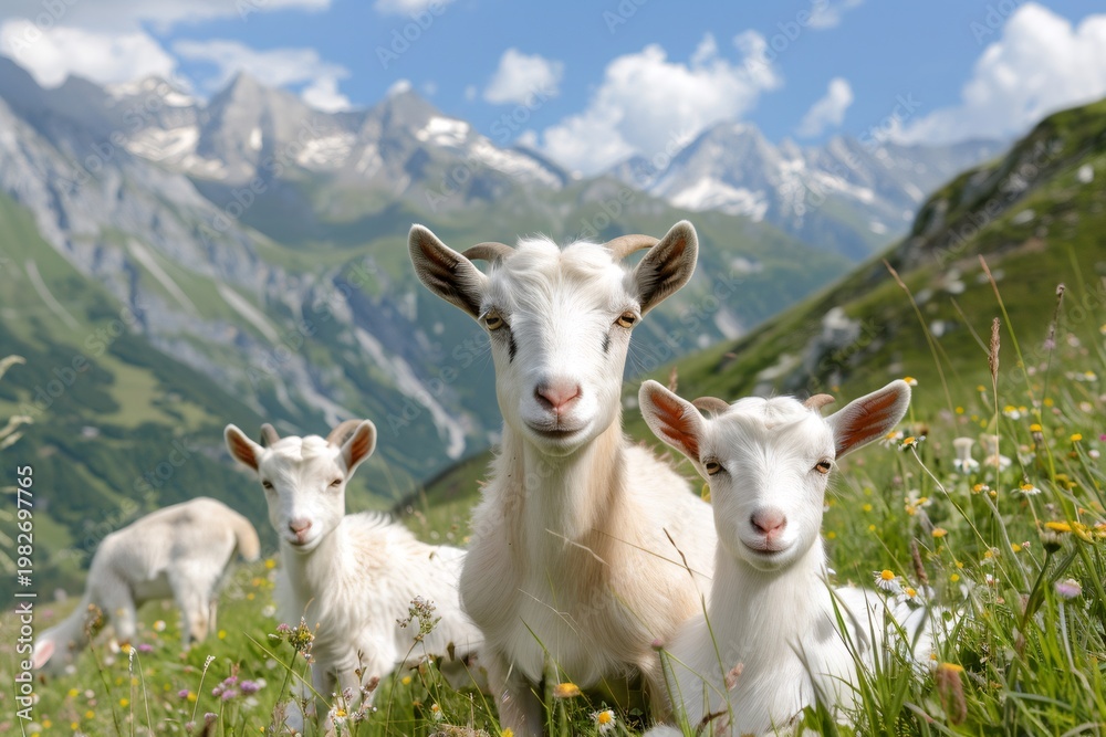 Obraz premium Little goats resting in summer mountain meadow