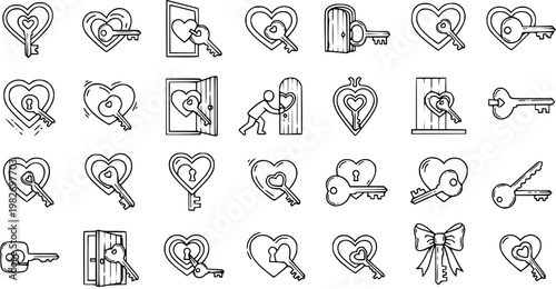 Heart Key Lock Icons Set, Black and White Line Art, Love and Relationship Symbols