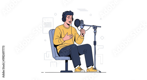 Podcaster Recording Audio with Microphone and Headphones in Studio