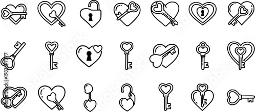 Heart shaped locks and keys line art icons, symbol of love, relationships, security, romantic Valentine's day concept