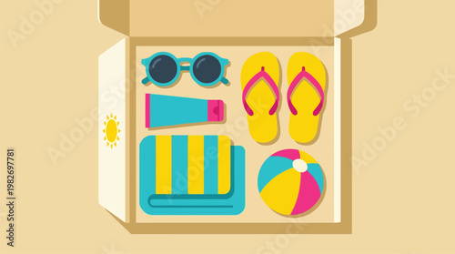 Open suitcase displaying beach gear and accessories.