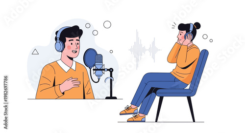 Podcaster Recording Audio with Microphone and Listener Wearing Headphones
