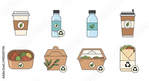 Eco-friendly food packaging and drinks: bottles, cups, and takeaway containers