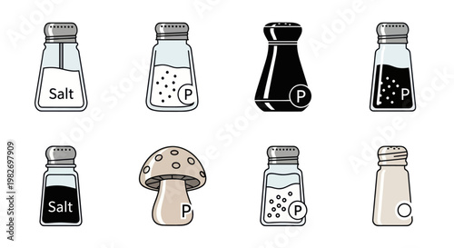 Set of Salt and Pepper Shakers Collection, Seasoning Bottles Icons