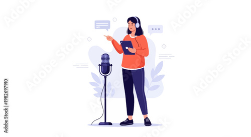 Podcaster with headphones and tablet speaks into microphone, recording audio content