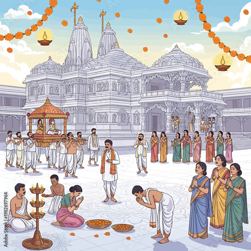 Hindu people celebrate festival together outside.