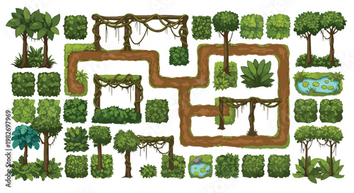 Tropical jungle game assets kit, cartoon forest landscape elements with trees and vines, green foliage and dirt path vector set for level design