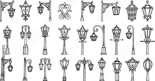 Black and White Line Art Collection of Vintage Street Lamps, Outdoor Lighting Fixtures, Ornate Posts