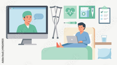 Telemedicine consultation between doctor and patient via video.