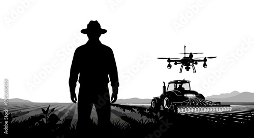 farmer operating drone mapping crops silhouette isolated on white background agriculture technology concept