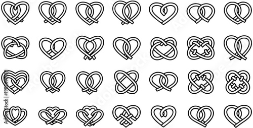 Love Knot Hearts Line Art Icons Set. Collection of Intertwined Heart Symbols for Romance, Relationships, and Valentine's Day in Black and White Outline Style.