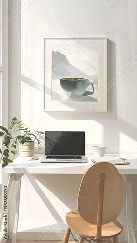 A serene workspace with laptop and coffee near a sunny window
