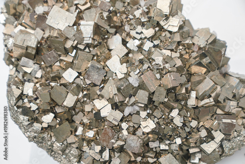Pyrite crystal cubes cluster macro mineral specimen isolated on white background