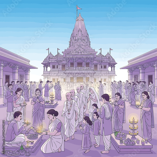 Hindu people worship at temple.