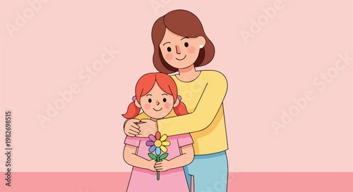 Woman Hugging Young Girl Together.
