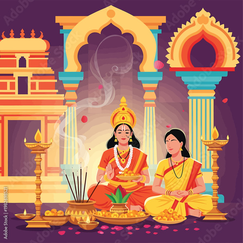 Hindu Priest and Woman in Temple.