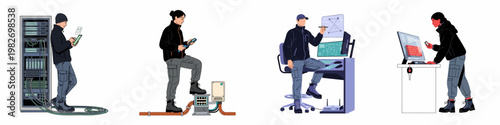 Illustration set of IT professionals and technicians working on network servers, cybersecurity, and data center infrastructure in a flat modern style.