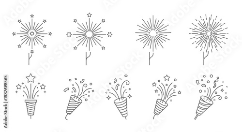 Black and white festive firework icons.